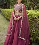 Enchanting Wine Chanda Silk Plain With Sequins and Thread Embroidered Belt Indian wedding lehenga Choli dress