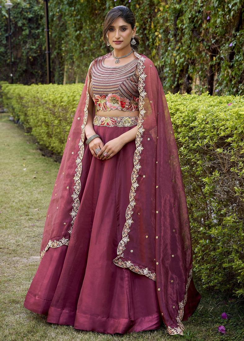 Enchanting Wine Chanda Silk Plain With Sequins and Thread Embroidered Belt Indian wedding lehenga Choli dress