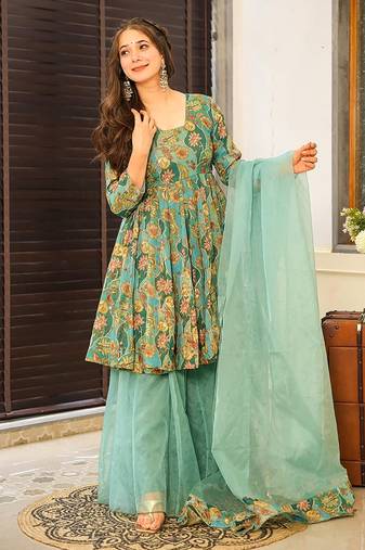 Sea green heavy digital printed  silk  top & sharara with dupatta