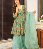 Sea green heavy digital printed  silk  top & sharara with dupatta