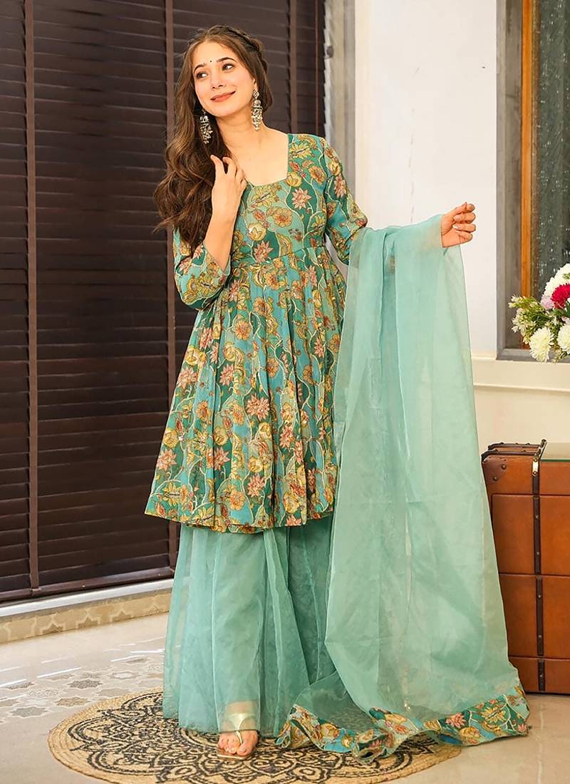Sea green heavy digital printed  silk  top & sharara with dupatta