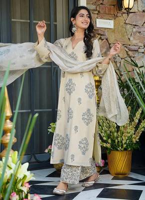 Cream heavy digital printed maslin salwar kameez for women 1
