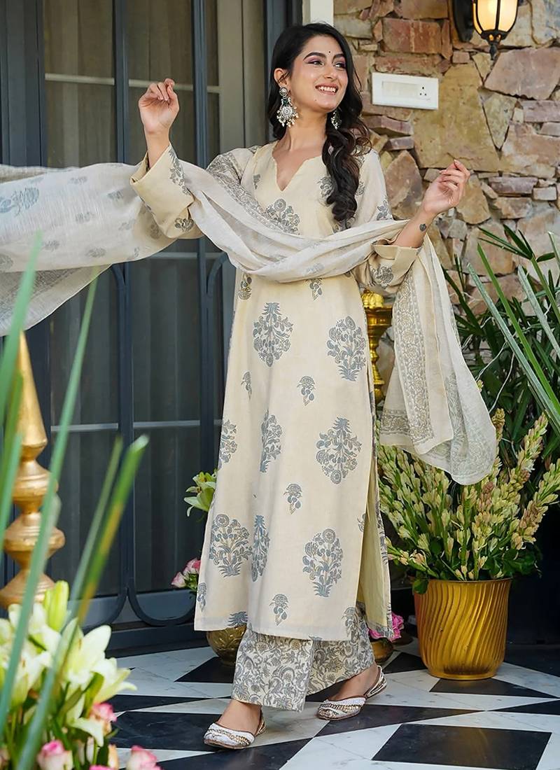 Cream heavy digital printed maslin salwar kameez for women