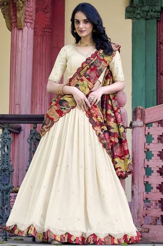 Off-White Vichitra Silk Sequins and Thread Embroidered With Kalamkari Print Border lehenga Choli dress