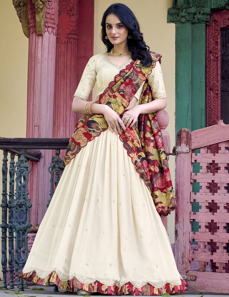 Off-White Vichitra Silk Sequins and Thread Embroidered With Kalamkari Print Border lehenga Choli dress