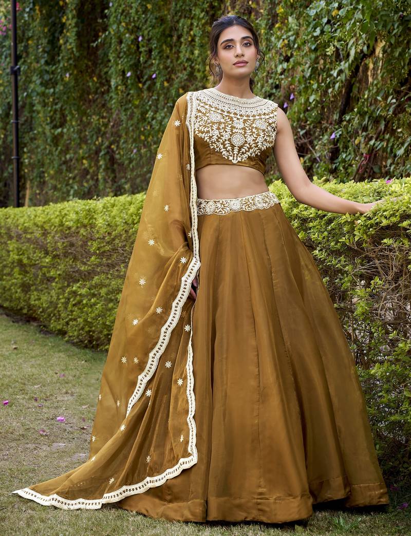 Mesmerizing Bronze Chanda Silk Plain With Sequins and Thread Embroidered Belt Indian wedding lehenga Choli dress