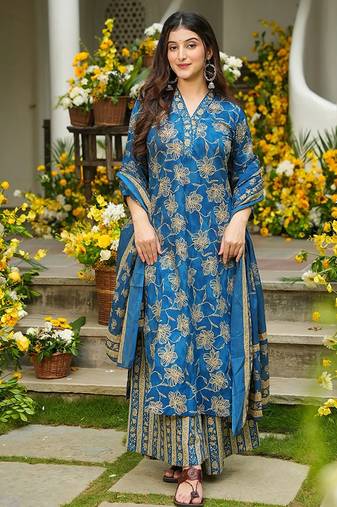 Blue heavy digital printed maslin palazzo style for women