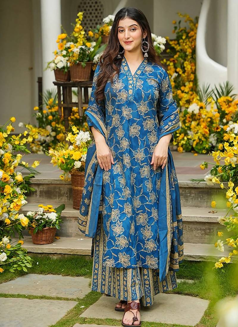 Blue heavy digital printed maslin palazzo style for women