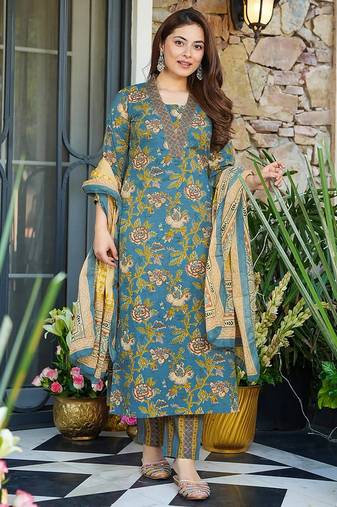 Teal heavy digital printed maslin salwar kameez with dupatta