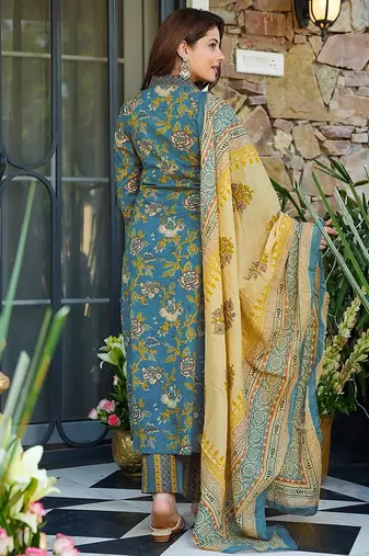 Teal heavy digital printed maslin salwar kameez with dupatta