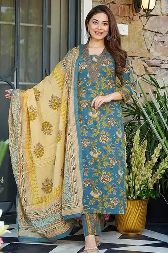 Teal heavy digital printed maslin salwar kameez with dupatta
