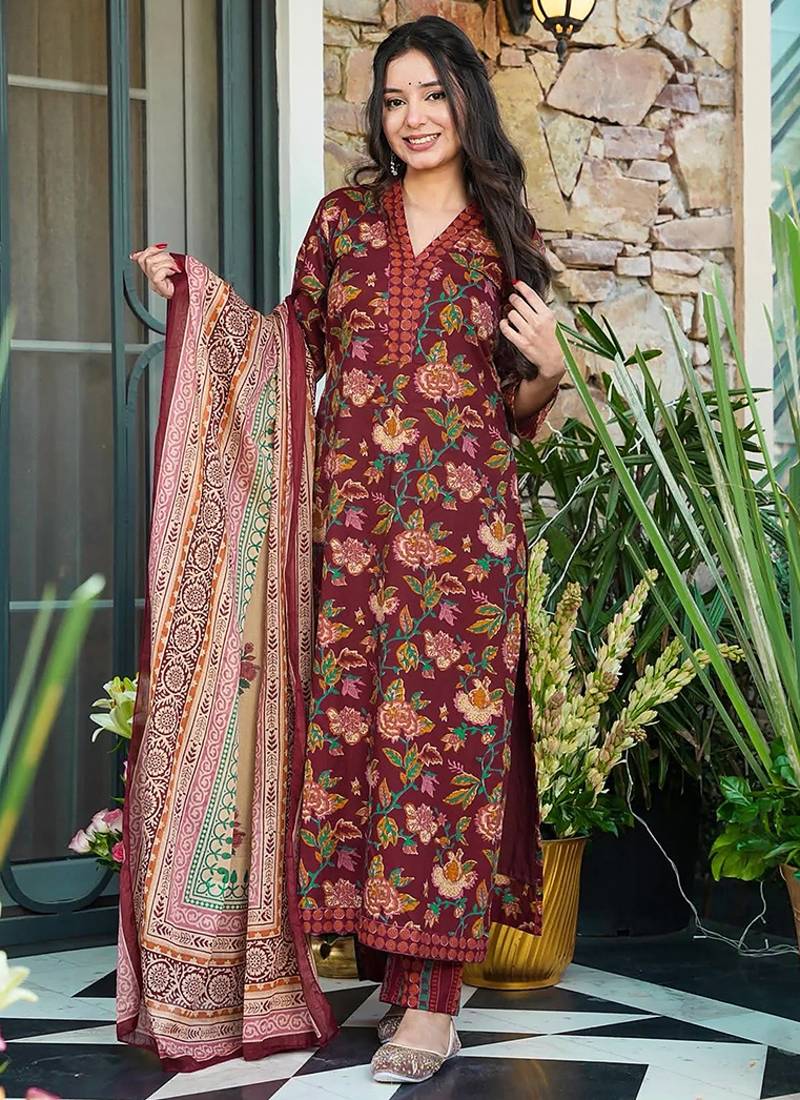Maroon heavy digital printed maslin salwar suit for women