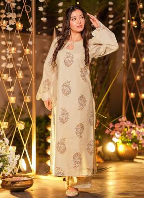Beige heavy digital printed maslin salwar kameez 1