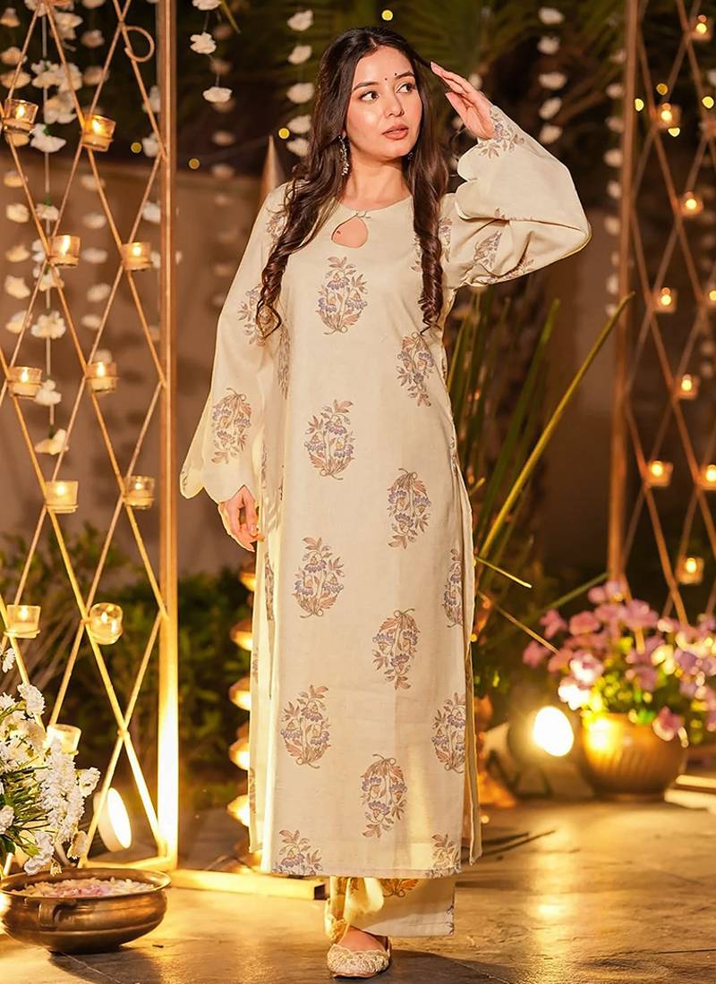 Beige heavy digital printed maslin salwar kameez