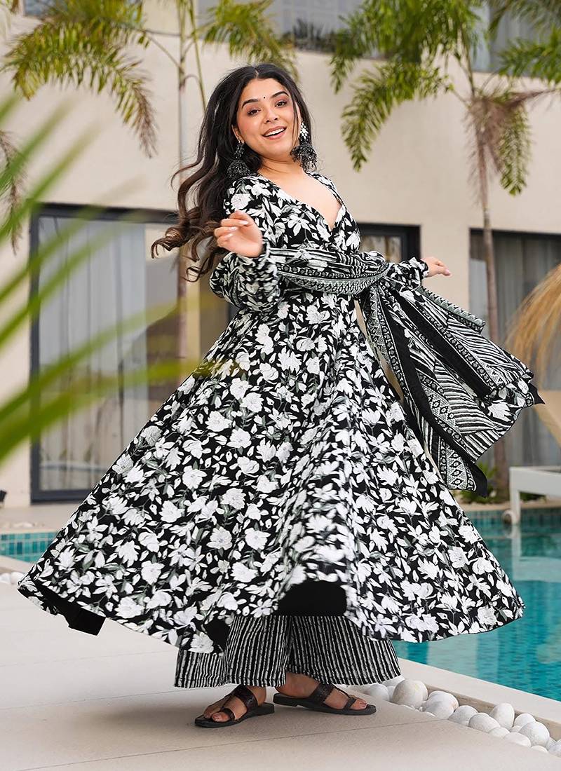 Black & white heavy digital printed silk anarkali palazzo style