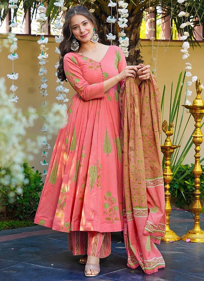 Pink heavy digital printed silk anarkali palazzo style