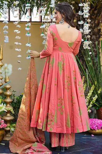 Pink heavy digital printed silk anarkali palazzo style