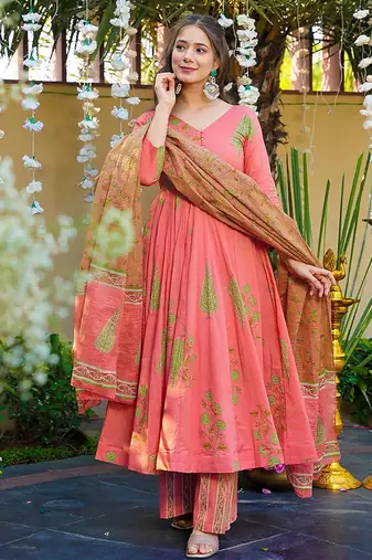 Pink heavy digital printed silk anarkali palazzo style
