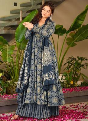 Blue heavy digital printed silk anarkali palazzo style 2