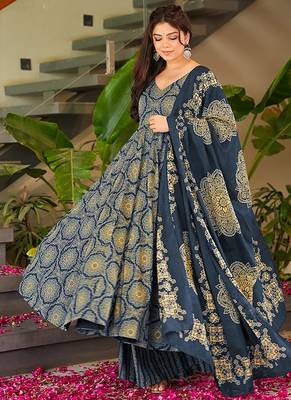 Blue heavy digital printed silk anarkali palazzo style 3