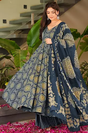 Blue heavy digital printed silk anarkali palazzo style
