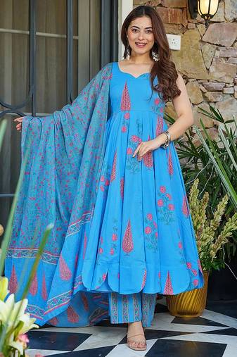 Aqua blue heavy digital printed silk anarkali palazzo style