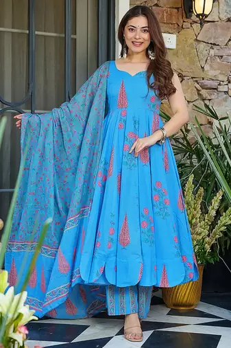 Aqua blue heavy digital printed silk anarkali palazzo style