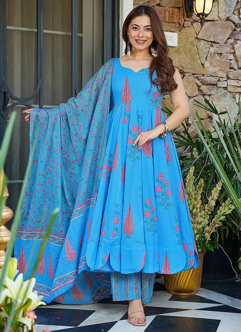 Aqua blue heavy digital printed silk anarkali palazzo style
