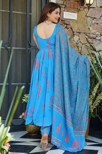 Aqua blue heavy digital printed silk anarkali palazzo style