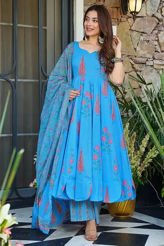 Aqua blue heavy digital printed silk anarkali palazzo style