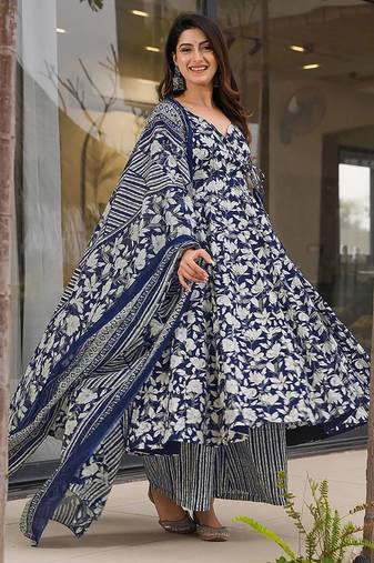 Blue heavy digital printed silk anarkali palazzo style