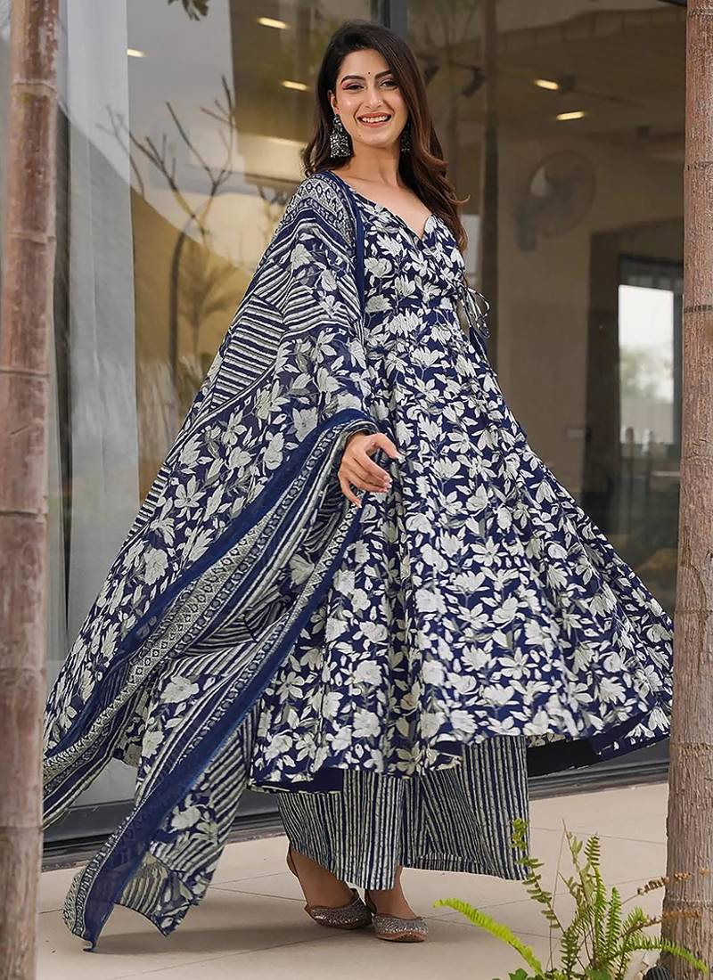 Blue heavy digital printed silk anarkali palazzo style