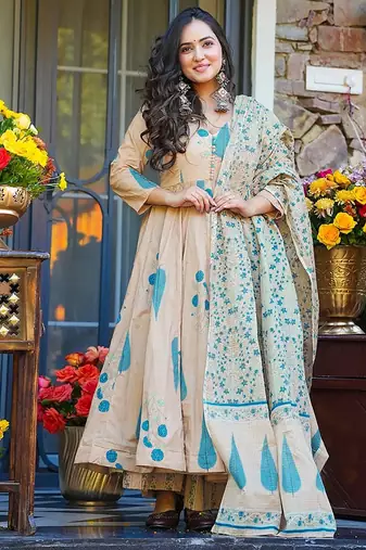 Beige heavy digital printed silk anarkali palazzo style