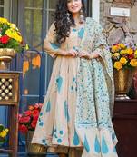 Beige heavy digital printed silk anarkali palazzo style