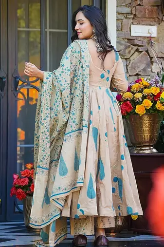 Beige heavy digital printed silk anarkali palazzo style