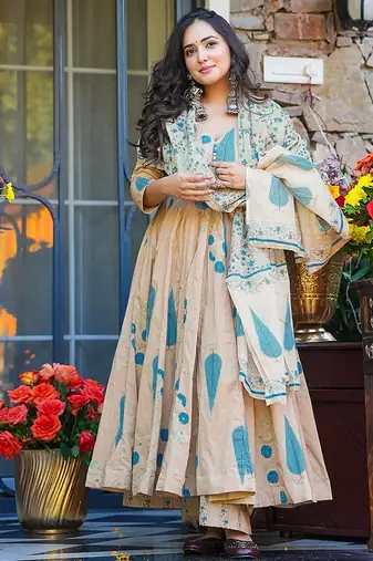 Beige heavy digital printed silk anarkali palazzo style