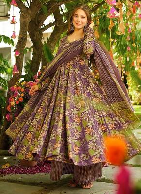 Purple heavy digital printed silk anarkali palazzo style 1