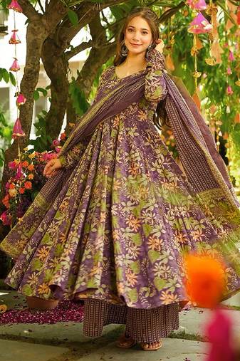 Purple heavy digital printed silk anarkali palazzo style