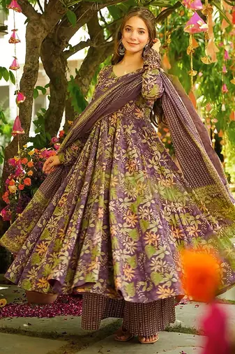 Purple heavy digital printed silk anarkali palazzo style