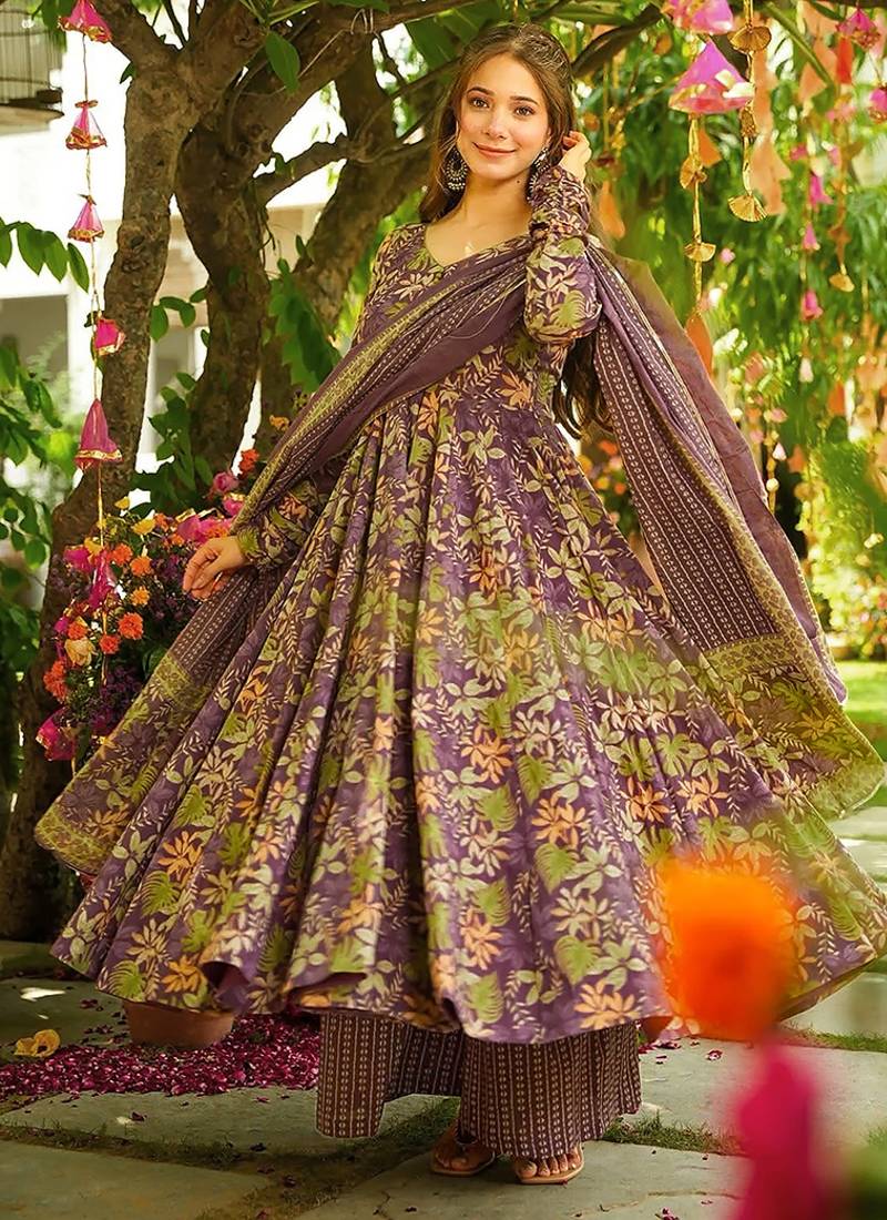 Purple heavy digital printed silk anarkali palazzo style