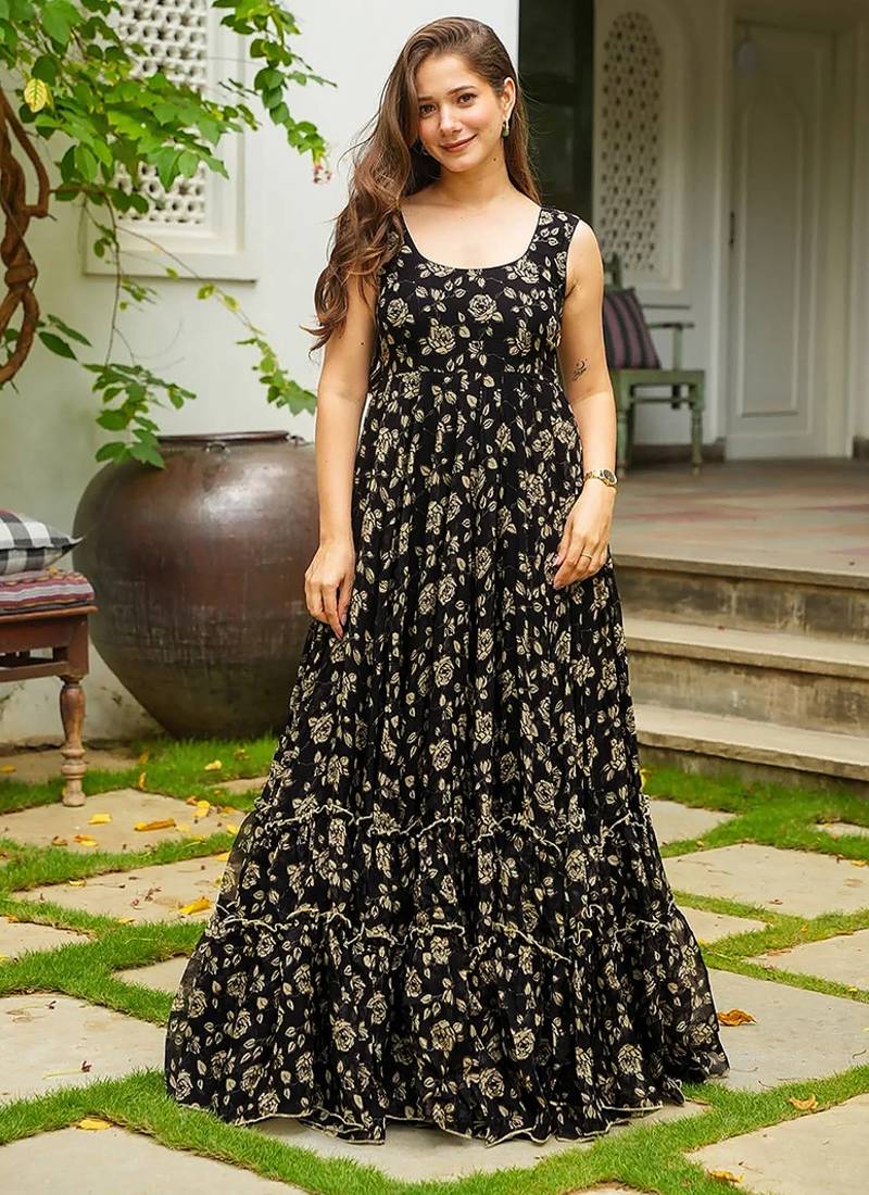 Black heavy digital printed georgette gown style