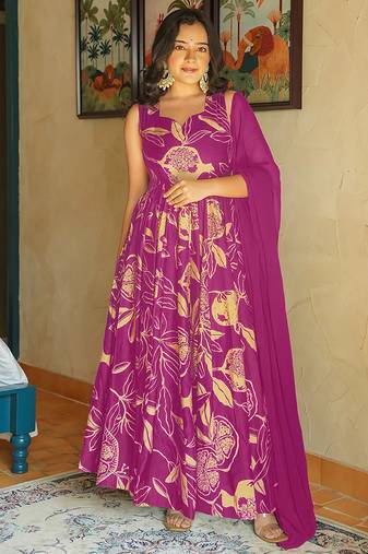 Magenta heavy digital printed rayon gown style with dupatta