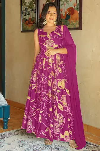 Magenta heavy digital printed rayon gown style with dupatta