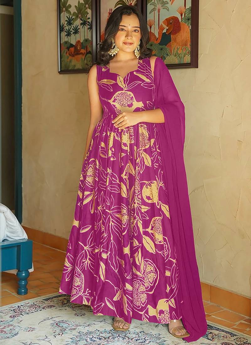 Magenta heavy digital printed rayon gown style with dupatta