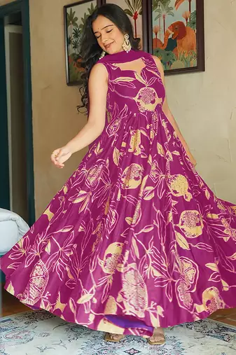 Magenta heavy digital printed rayon gown style with dupatta