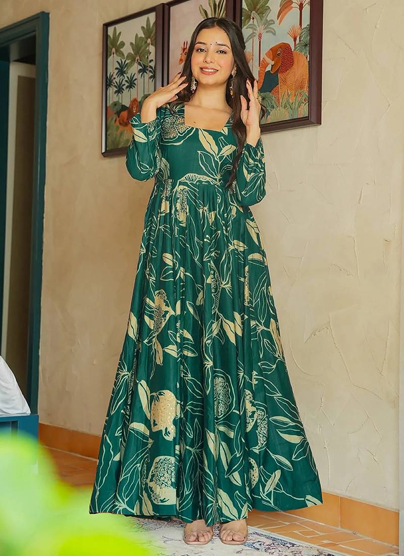 Green heavy digital printed rayon gown style