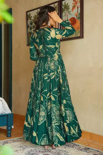 Green heavy digital printed rayon gown style