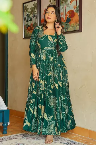 Green heavy digital printed rayon gown style
