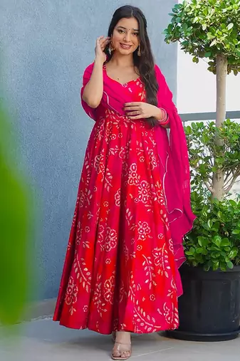 Rani pink heavy digital printed rayon gown style with dupatta