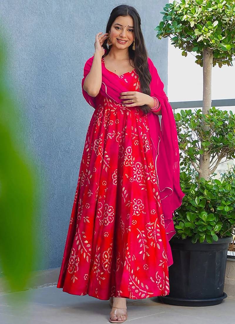 Rani pink heavy digital printed rayon gown style with dupatta